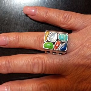 Silver toned multi colored stoned ring
